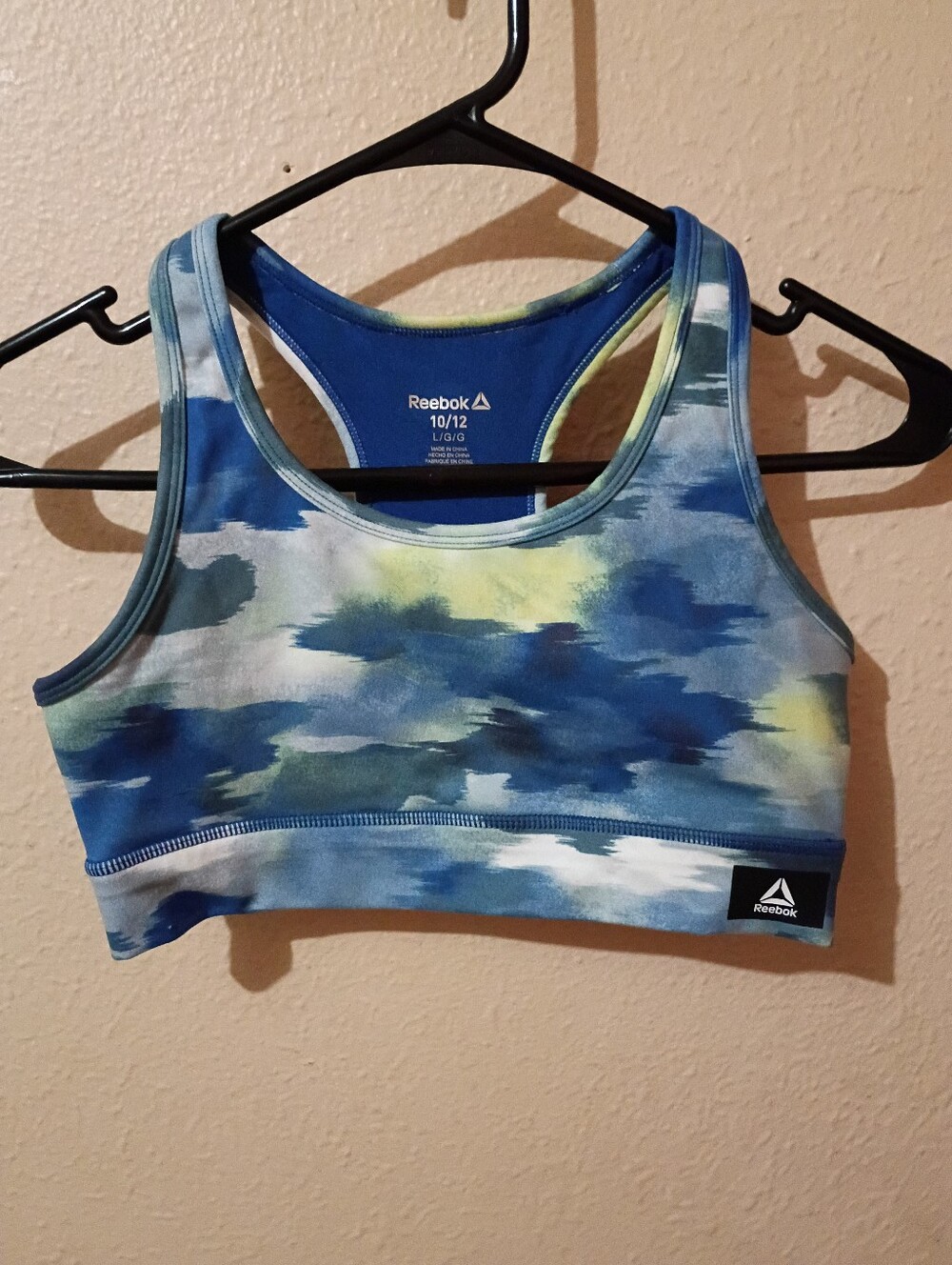 Girls Reebok Size Large 10/12  Blue, Green & White Tie-Dye Racerback Sports Bra